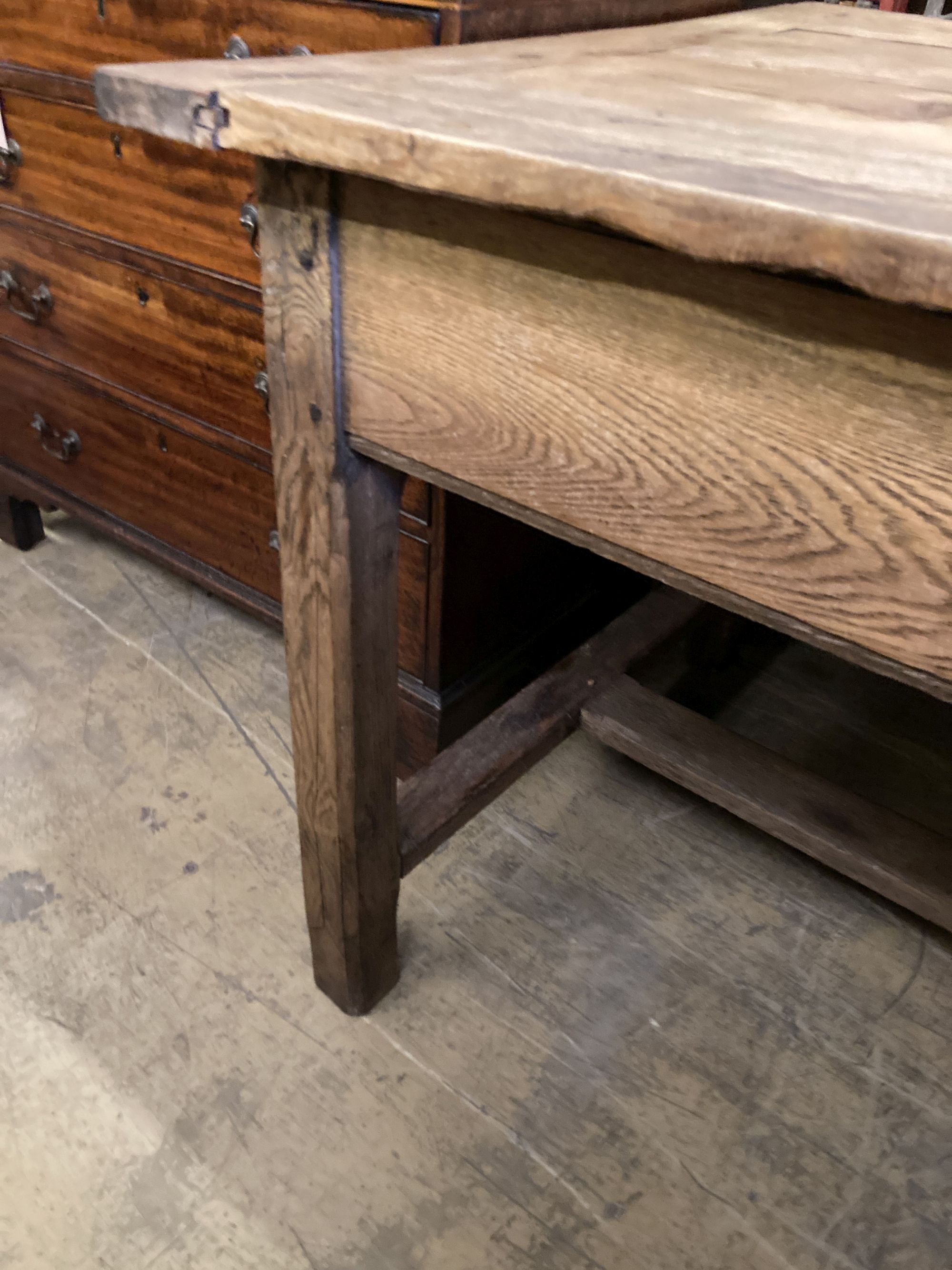 An early 19th century ash and pine rectangular kitchen table, width 186cm, depth 90cm, height 82cm